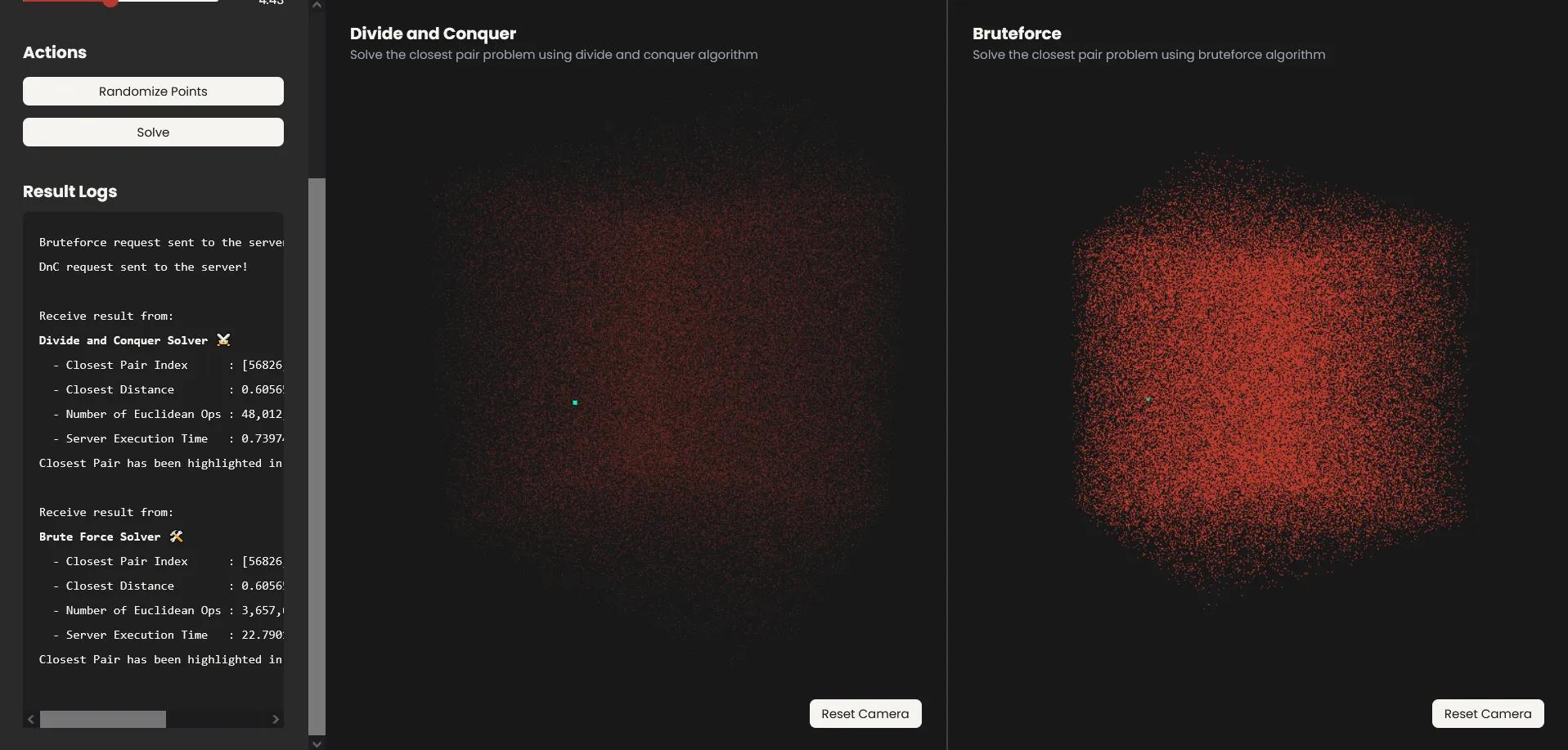 Closest Pair Solver Screenshot - Result Visualization and Logs